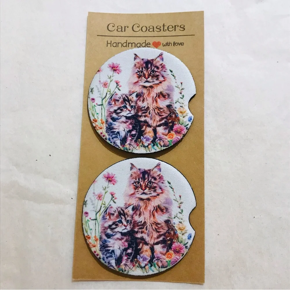 Charming Longhair Cat Car Coasters Set - Floral Design